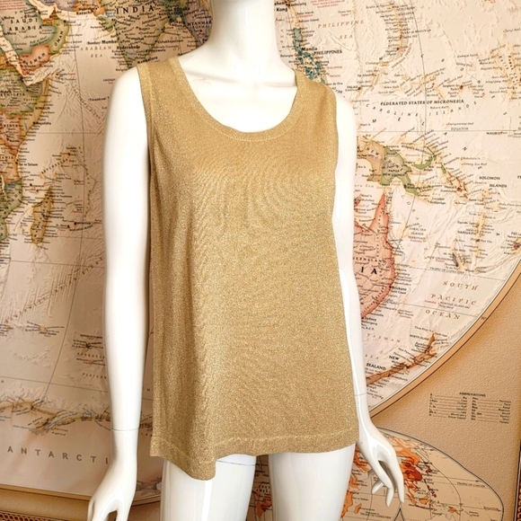 Tops - Women's metallic gold knit sweater sleeveless tank top classic fancy glam M/L